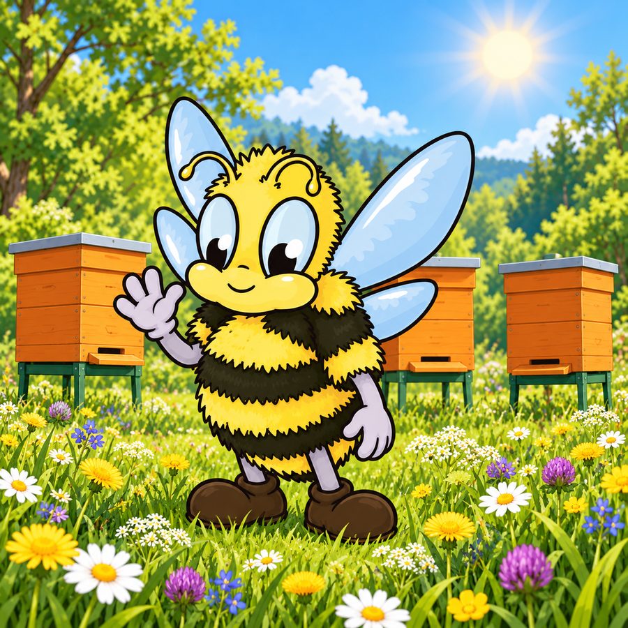 Die SaarBiene winkt vor drei Bienenstöcken auf einer Blumenwiese