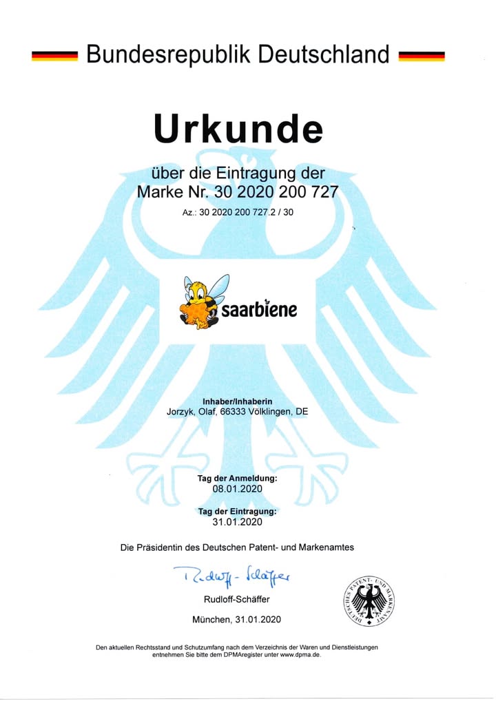 Urkunde des Deutschen Patent- und Markenamtes ueber die Eintragung der Marke SaarBiene