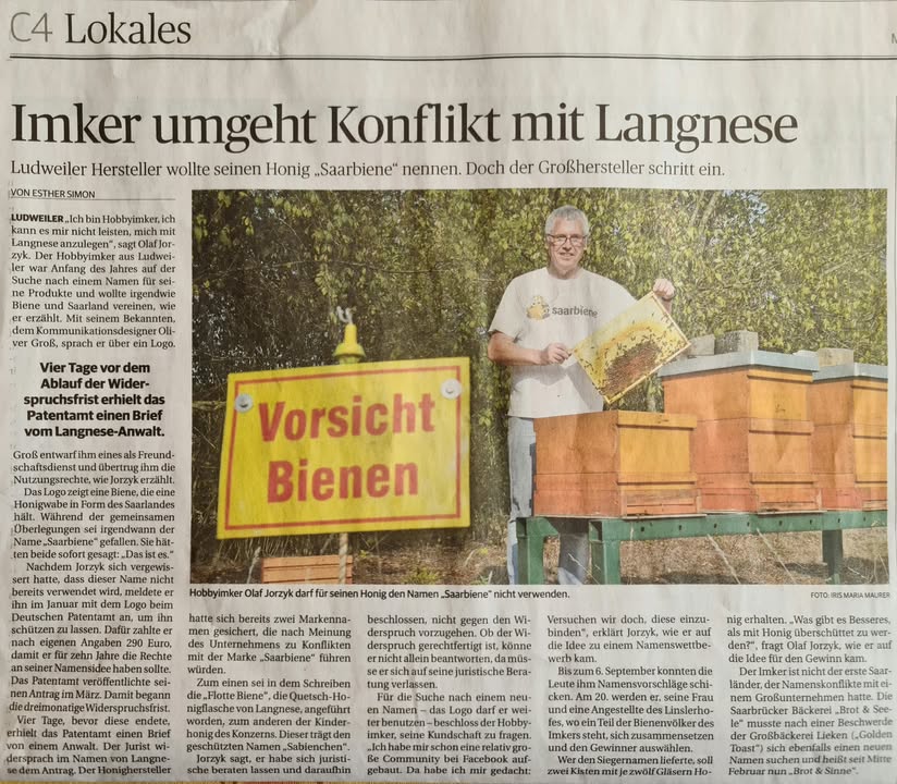 Zeitungsausschnitt der Saarbruecker Zeitung vom 14. September 2020 mit dem Titel Imker umgeht Konflikt mit Langnese